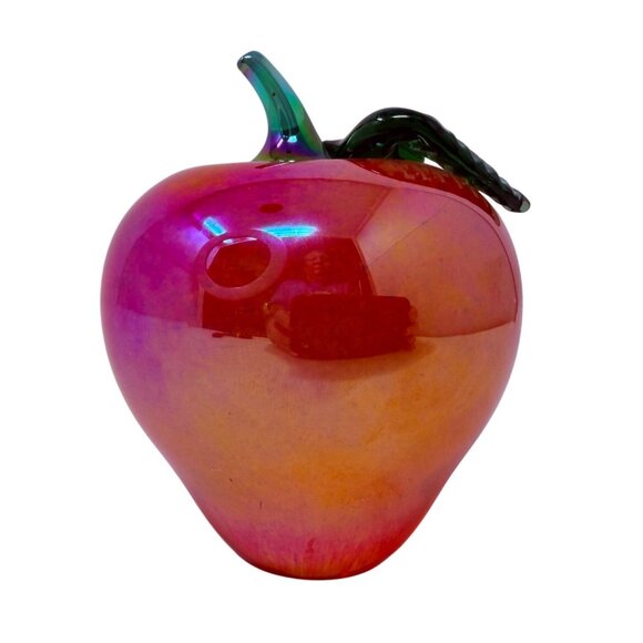 Vintage Glass Eye Studio Red Iridescent Glass Apple Paperweight, Signed GES 99 - Picture 2 of 9